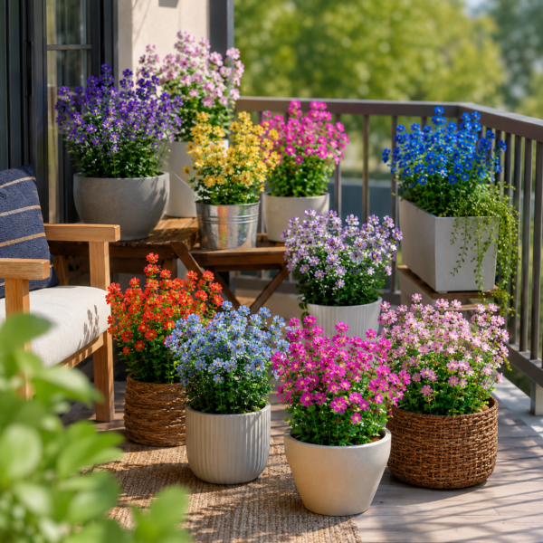 RNKR 20 Bundles 10 colors Artificial Violet Flowers, Mixed Color Faux Plastic Plants, UV Resistant Fake Floral Bushes for Porch, Window Box, Patio, Yard