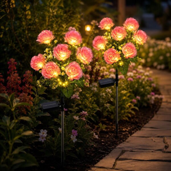 RNKR 2 Pack 7 Heads Pink Rose Solar Garden Lights with Warm White LEDs, IP65 Waterproof Decorative Solar Lights for Yard Patio Lawn Garden Decor