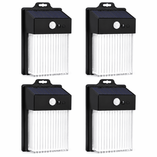 RNKR 4 packs Outdoor Solar Lamp Motion Sensor Wall Lamp Waterproof LED Solar Fence Lights for Patio, Garden, Yard, Porch, Deck, Garage, Cool White