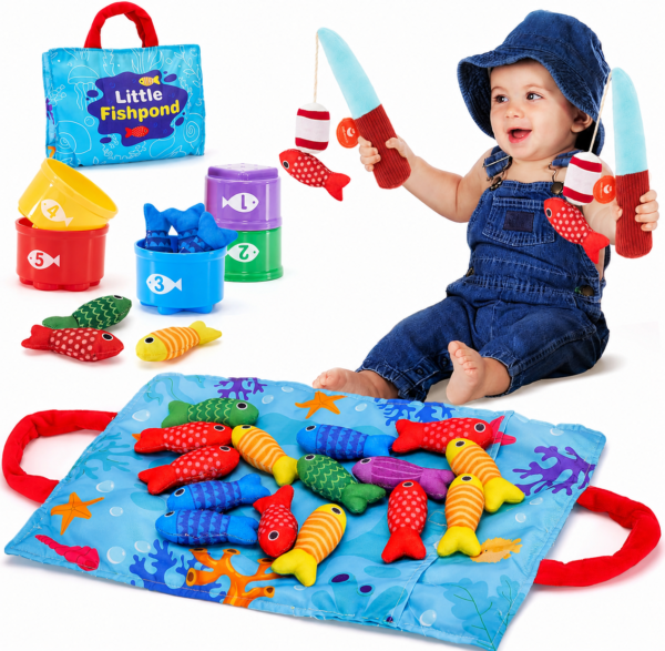 FISHING-TOY-23P-HM RNKR Montessori Soft Fishing Game Set , Toddler Magnetic Fishing Toy with 2 Plush Fishing Rods, Colorful Fish, Counting Buckets & Play Mat, Early Learning Sensory Toy Gift for 1-3 Babies