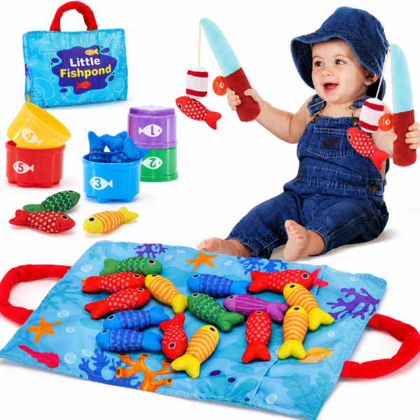 RNKR Montessori Soft Fishing Game Set , Toddler Magnetic Fishing Toy with 2 Plush Fishing Rods, Colorful Fish, Counting Buckets & Play Mat, Early Learning Sensory Toy Gift for 1-3 Babies