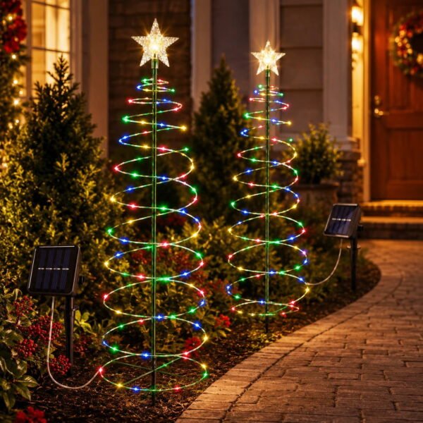 RNKR 2 Pack 36.6in Spiral Christmas Stake Light, with 135 Colorful LEDs, Lighted Star Topper,Waterproof for Yard Lawn Patio Walkway Holiday Decor