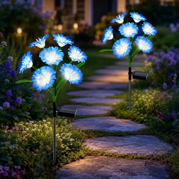 RNKR 2 Pack Solar Blue Flower Garden Stake Lights, Solar Powered Outdoor IP65 Waterproof, Decoration for Garden, Fences, Wedding, Party Decoration
