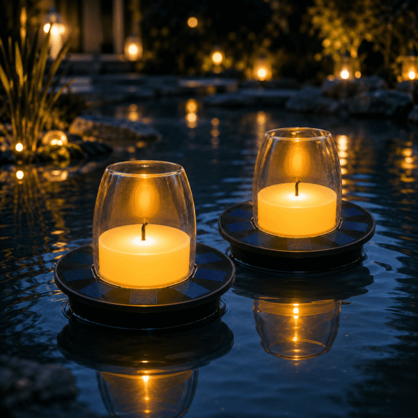 RNKR 2 Pack Solar Floating Candle Lights, Warm White LED Solar Floating Lanterns,Waterproof Ambient Lighting for Water Features, Patio, Backyard
