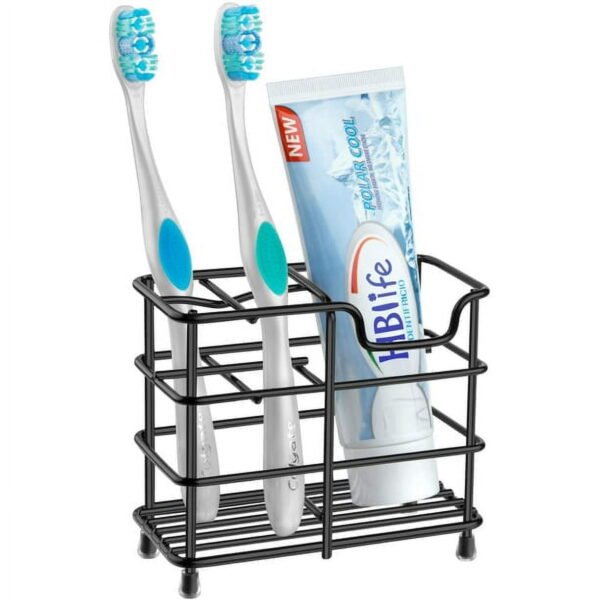 TiokMc Stainless Steel Toothbrush Holder with Toothpaste Slot, Non-Slip Bathroom Counter Organizer, Black