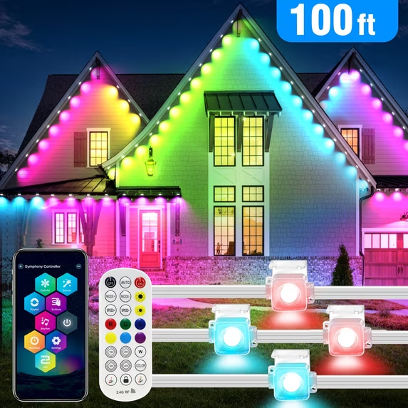 RNKR 100FT Smart Outdoor Eaves Lights, RGB LED Roofline Lighting with APP & Remote Control, IP67 Waterproof, Custom Scenes for Holidays, Parties and Home Decor