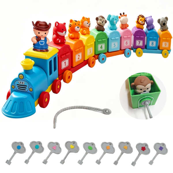 RNKR Montessori Animal Train Toy, Number Learning Set with Unlocking Barn Cars, Keys, Animal Figures, Counting, Color Matching Toys for Toddlers