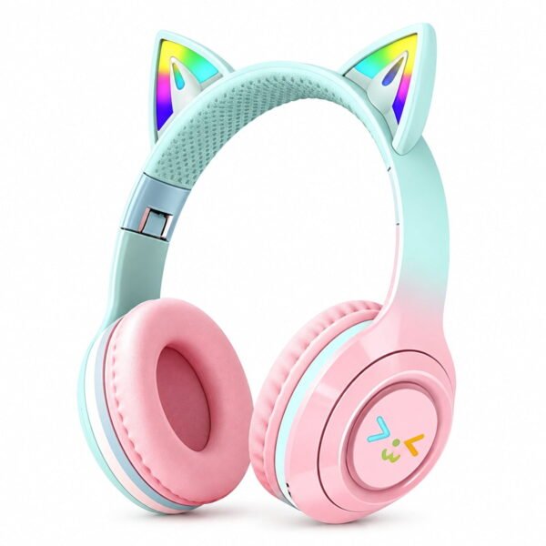 RNKR Kids Headphones Cat Ears,Kid Wireless Headphones For Study | Gradient Color Headphones With Microphone And LED Light For Home, School