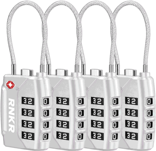 RNKR 4 Pack TSA Approved Luggage Lock – 4 Digit Combination with Flexible Steel Cable for Suitcase, Backpack, Gym Locker, Travel Security (Silver)