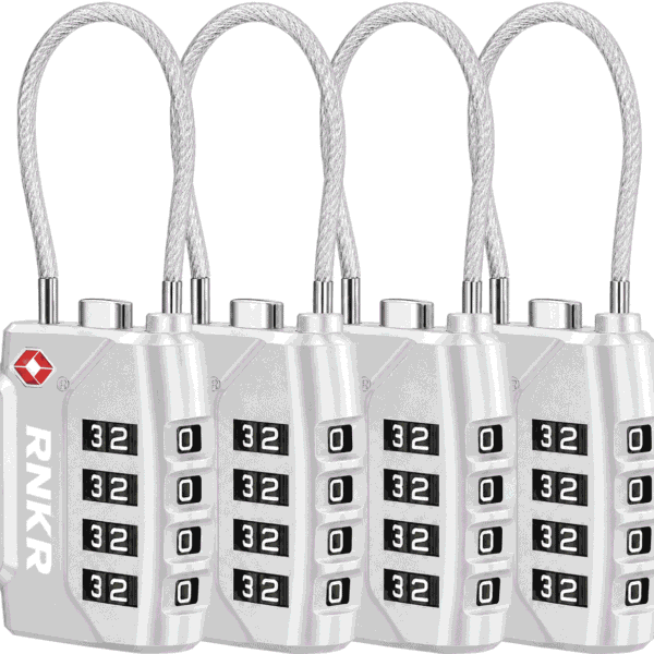 RNKR 4 Pack TSA Approved Luggage Lock – 4 Digit Combination with Flexible Steel Cable for Suitcase, Backpack, Gym Locker, Travel Security (Silver)