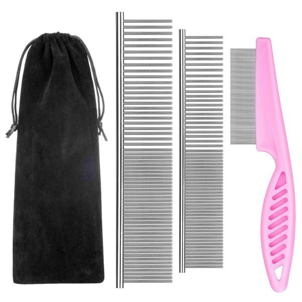 Dog Cat Comb Tool for Removing Matted Fur, Pet Comb Flea Comb with Rounded Teeth, Prevents Knots for Long and Short Haired Pets, 3 Pieces