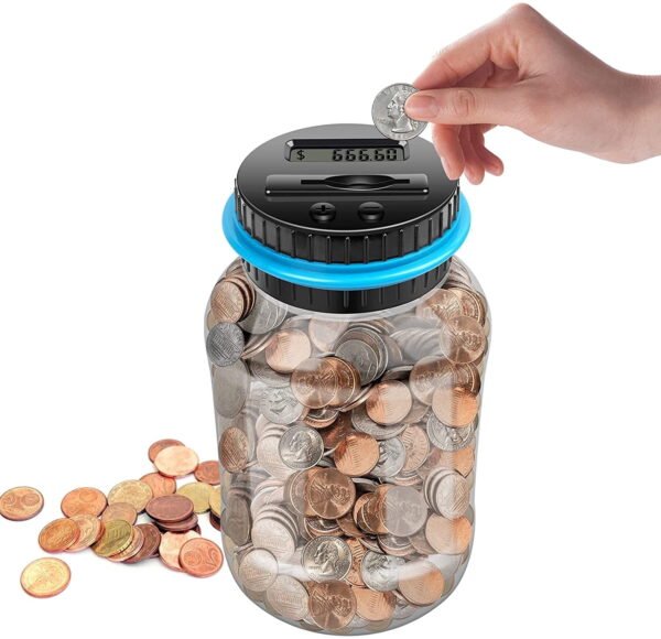 PIGGY-BANK-GG4 TiokMc Digital Piggy Bank for Adults and Kids, Transparent 1.8L Coin Counter Jar with LCD, Automatic Counting, Large Money Saving Jar, Birthday & Christmas Gift