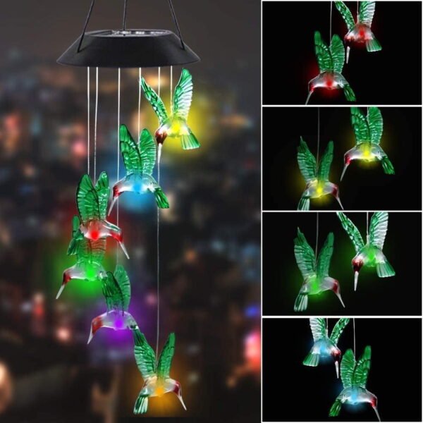 TiokMc Solar Hummingbird Wind Chimes - Color Changing LED Outdoor Hanging Patio Light