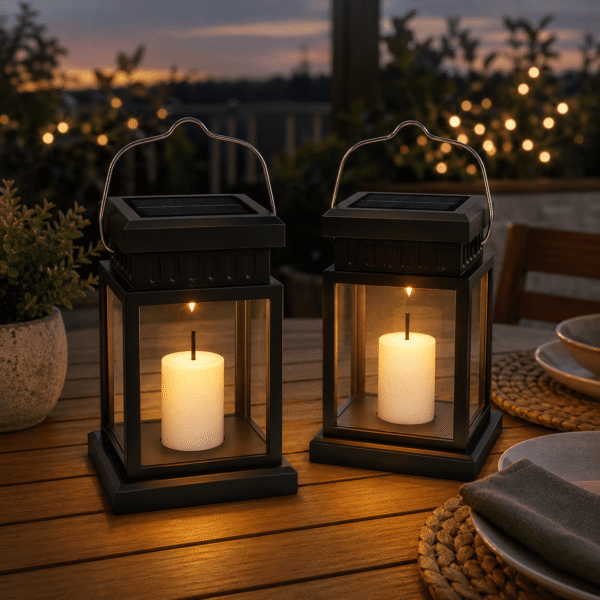 RNKR 2 Packs Solar Hanging Lantern Outdoor Lights, Flickering LED Candle Effect, Warm White Waterproof Hanging Light for Patio, Garden, Lawn, Yard, Tent