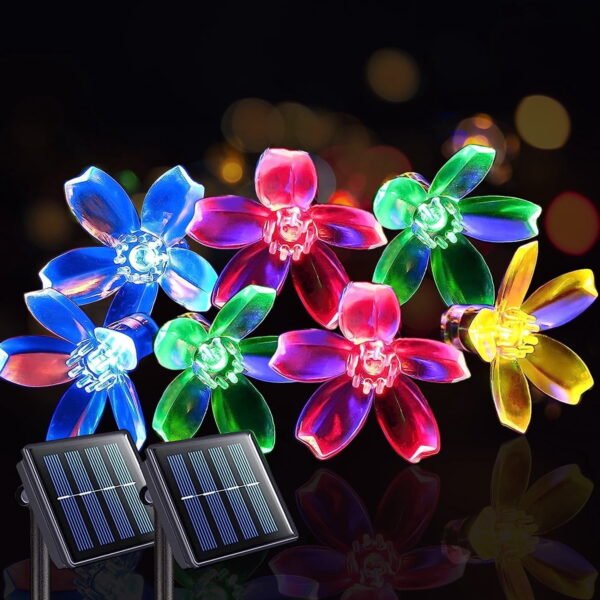 TiokMc Solar-Powered Fairy Blossom Flower String Lights, 22.96ft 50 LED, Multi-Color, Outdoor Garden, Patio, Lawn, Christmas Decoration - 2 Pack