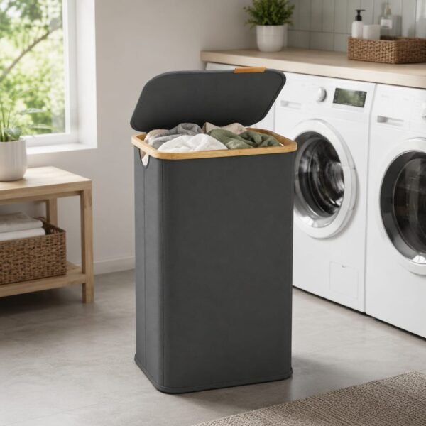 RNKR 26.4 Gal Laundry Hamper with Lid, Oxford Fabric Clothes Foldable Laundry Basket with Bamboo Frame, for Bedroom, Bathroom, Dorm, Slate Gray