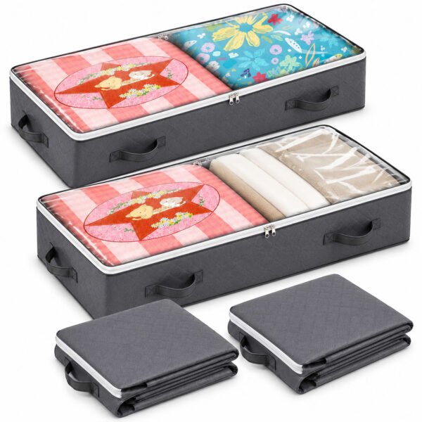 drilldown (2) RNKR 4 Pack Under Bed Storage Bags, Foldable Fabric Storage Bins with Transparent Window, Reinforced Handles, for Bedding, Seasonal, 40 x 20 x 6 Inches