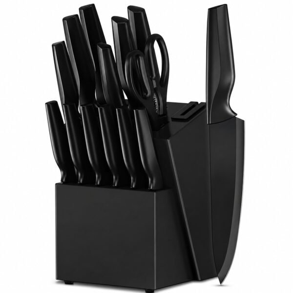 RNKR 15-Piece Kitchen Knife Set with Block, German Stainless Steel Cutlery Set with Built-In Sharpener, Full-Tang Chef Knives with Scissors & Storage Block for Home Cooking