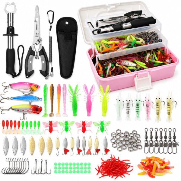 drilldown (5) RNKR 414 PCS Fishing Tackle Box Kit, 3-Layer Portable Fishing Gear Set with Lures, Hooks, Soft Baits, Fishing Pliers, Fish Lip Gripper, Swivels & Accessories for Fishing