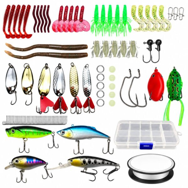 drilldown RNKR Fishing Lures Kit, 100+-Piece Fishing Tackle Set with Soft Plastic Baits, Hard Lures, Hooks, Spinner Spoons, Jig Heads, and a Tackle Box—a Complete Fishing Gear Kit for Fishing